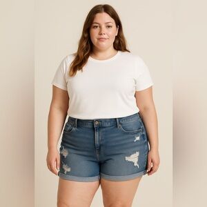 Torrid Distressed Denim Shorts Women’s Plus Size 28 Rolled Hem Blue Jean